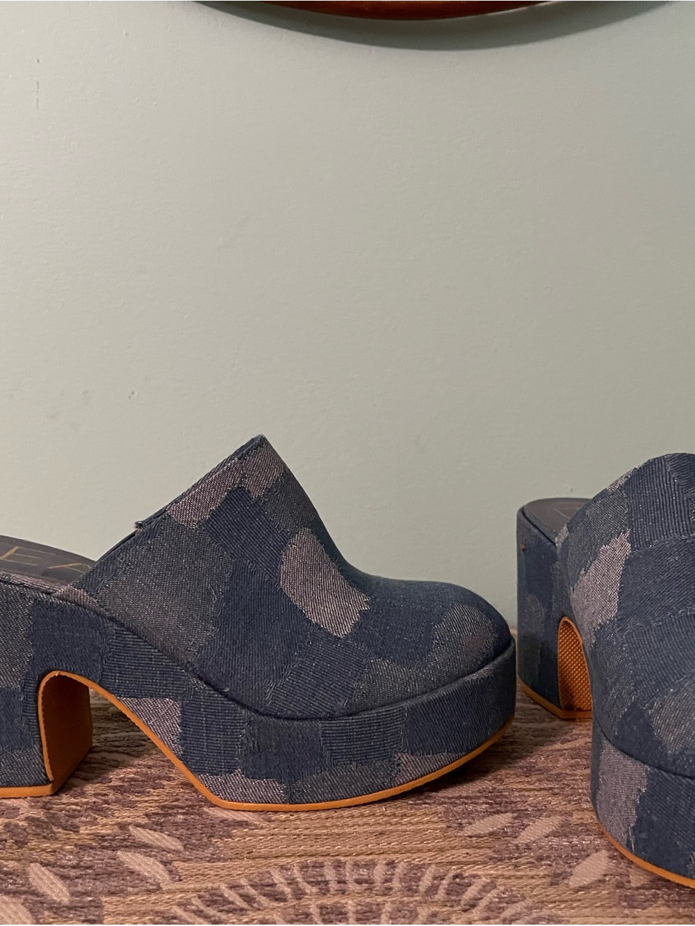 Denim-Pattern Platform Mules for Women